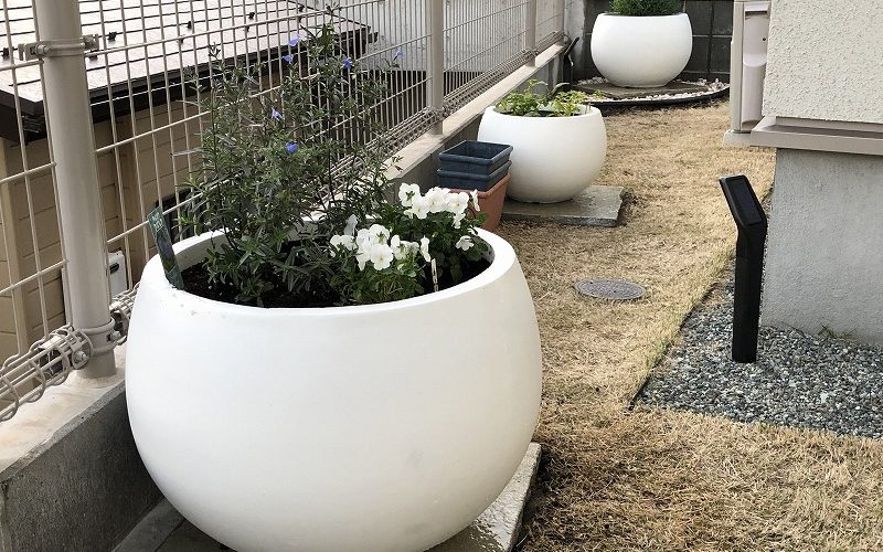 横浜市戸塚区で施工した白く丸いプランターが並ぶお庭