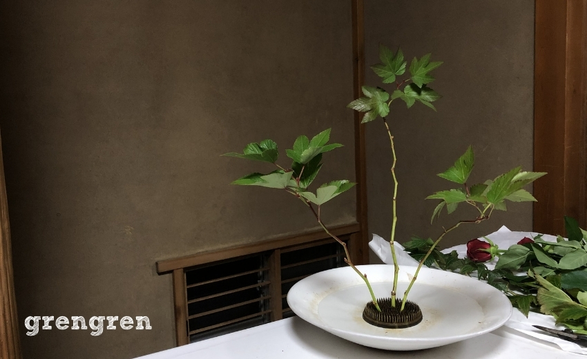 キイチゴの葉っぱを除去して枝で全体の骨格をつくった池坊自由花