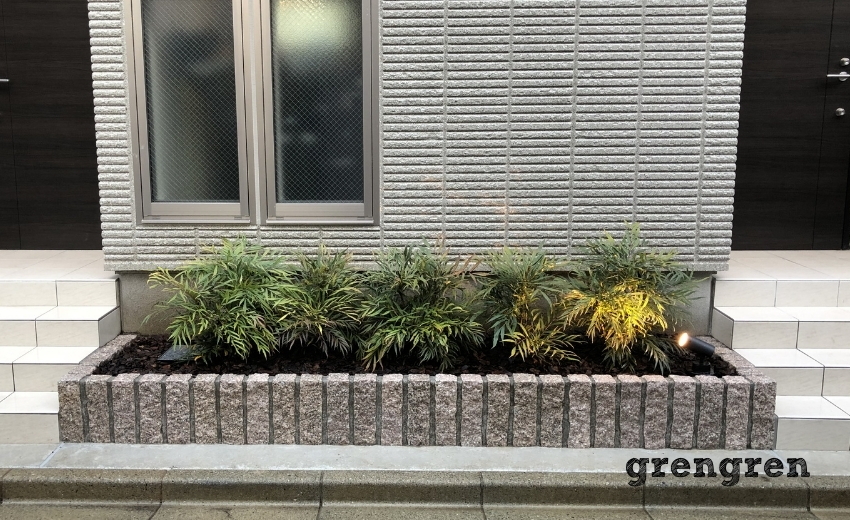 マホニアコンヒューサを植えこんだ世田谷区のアパート花壇