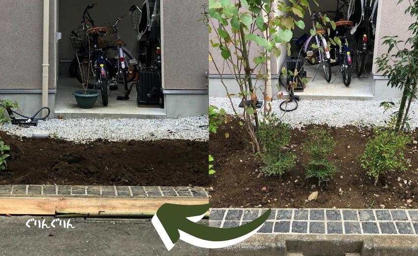 世田谷区で施工した自転車の小道づくりの施工前と施工途中