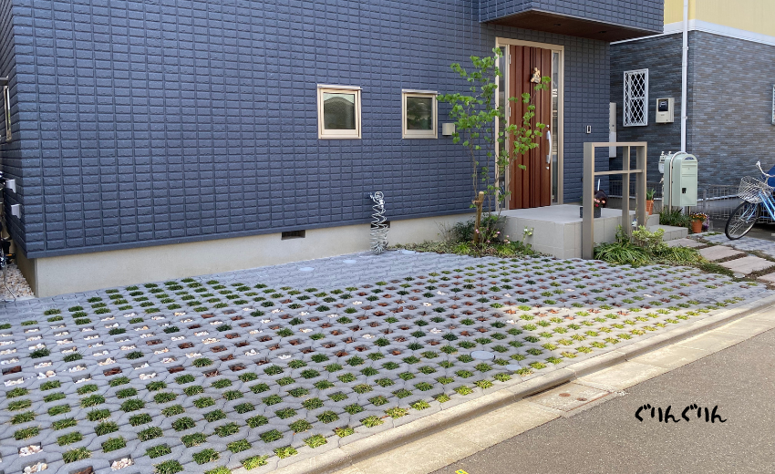 半年前に施工した武蔵野市の新築住宅の緑化ブロックの駐車場の様子