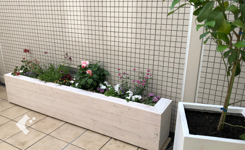 両サイドに設置した花と植物を楽しむための植栽スポット