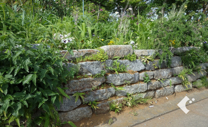 セメントなど接着剤無しで設置された自然石の花壇