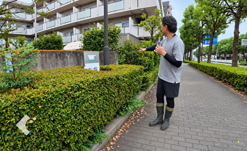 大きく育ったドウダンツツジの生垣で看板が隠れている施設のエントランス